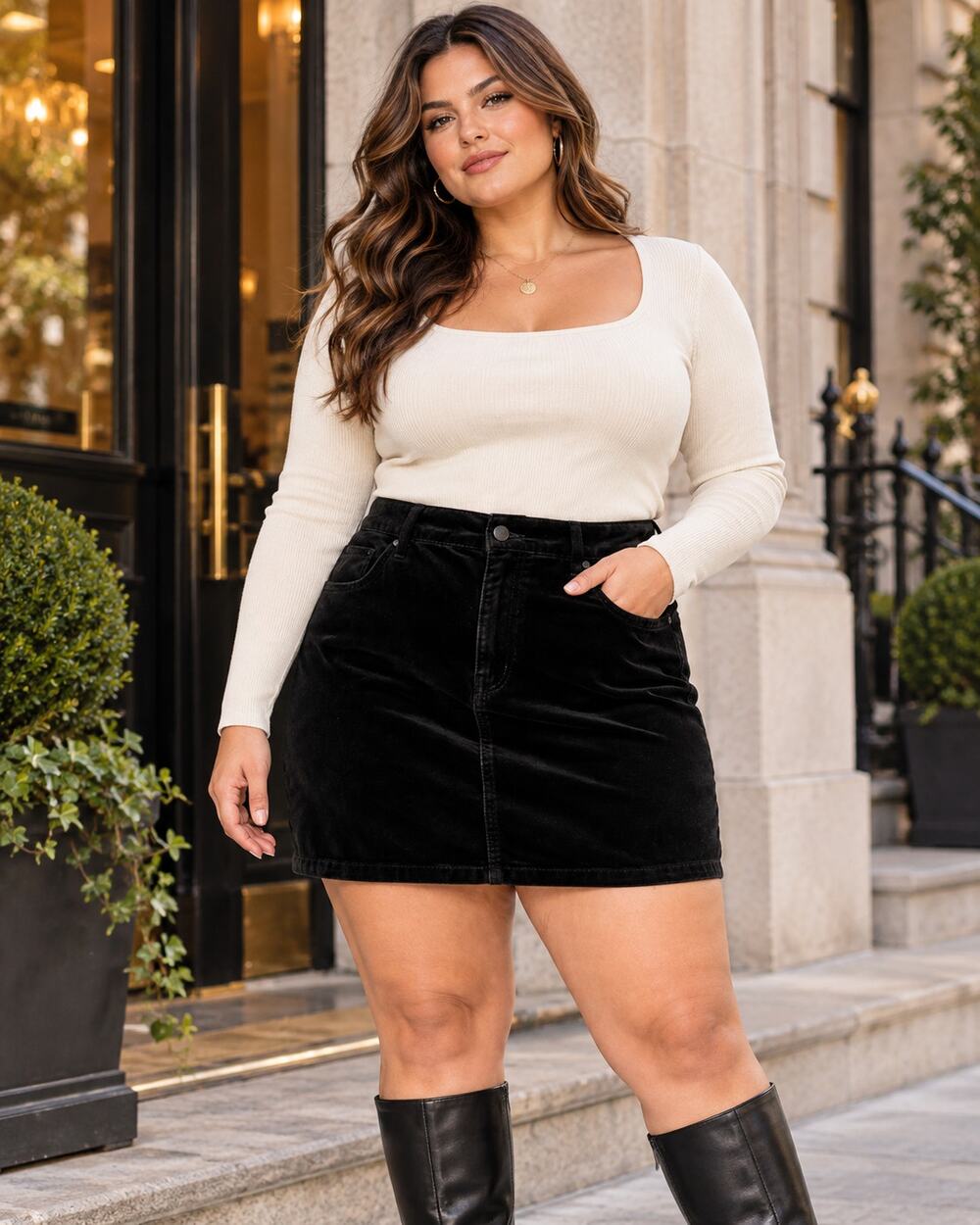 Good American Black Velvet Velveteen Mini Skirt with Pockets Size 18 NWT